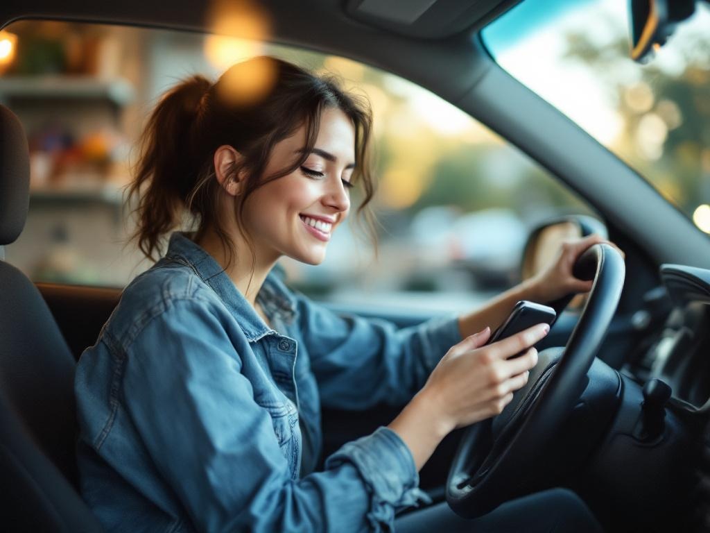 A young woman studying the driving safety course on her phone